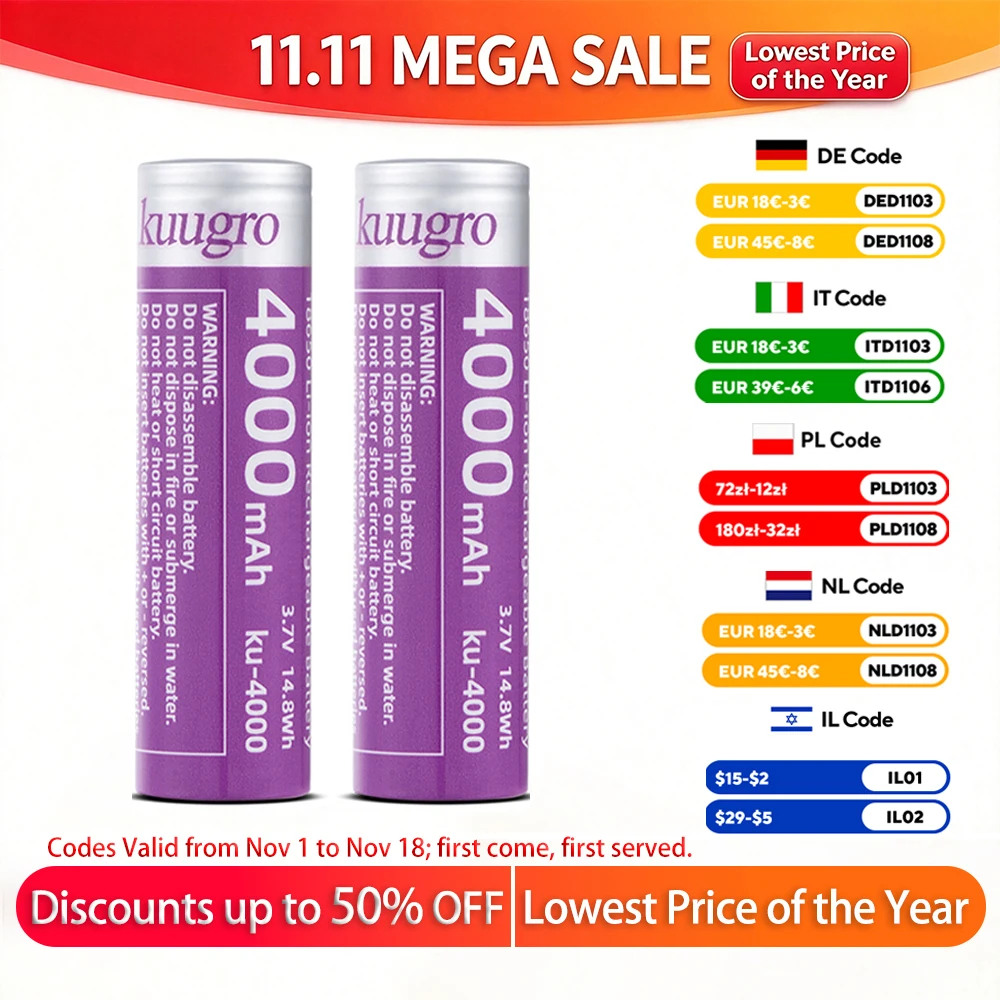 Kuugro Ku-4000 Highest Capacity 18650 Battery 4000mAh 3.7V 12A Discharging Rechargeable Batteries For Flashlight Batteries