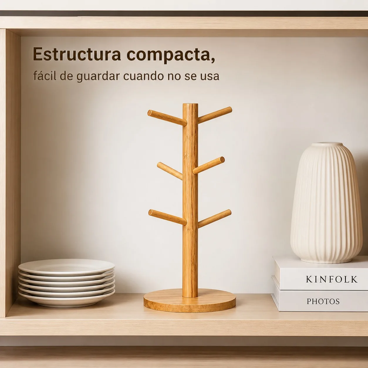 Soporte Organizador de Tazas de Bambú Natural con 6 Ganchos, Árbol Escurridor para Encimera de Cocina, Estante de Almacenamiento Vertical Ecológico y Estable, Medidas 16.3x34.5cm