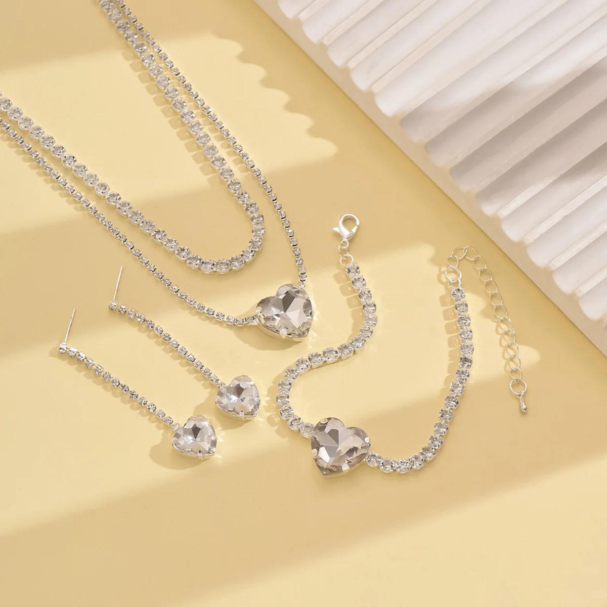 

Necklace, earrings, bracelet, jewelry set, big heart, full of diamonds, high-end fashion necklace, wedding accessory.