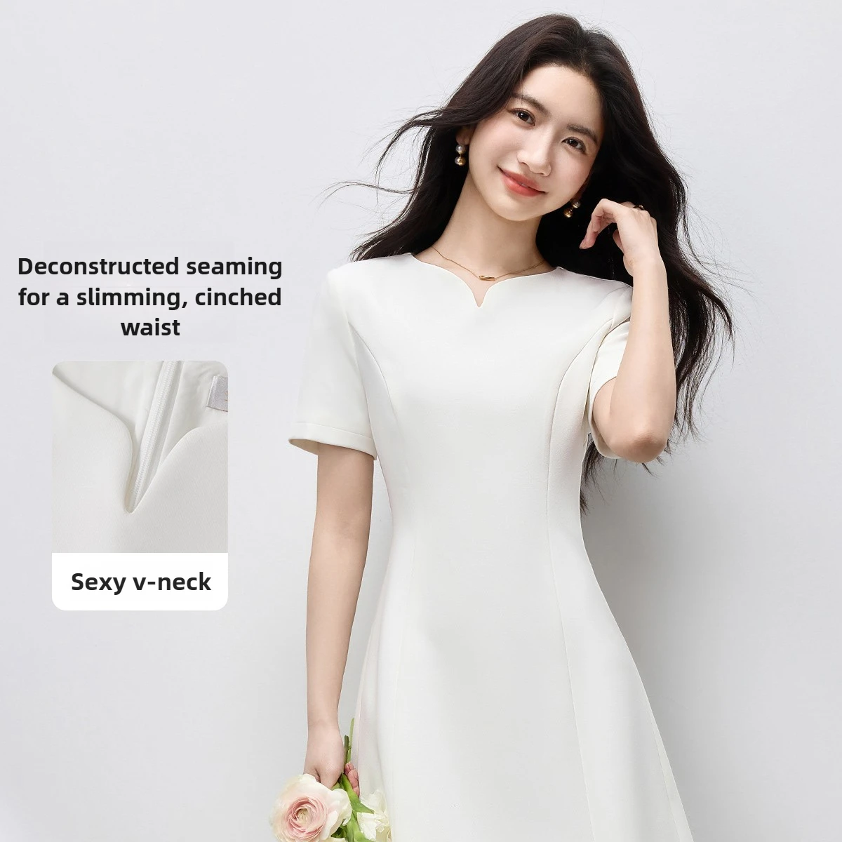 

SENTUBILA Women's Dress European Summer 2025 A Line Elegant Commute V-neck Short Sleeve White Dresses Female Clothing 152L80029