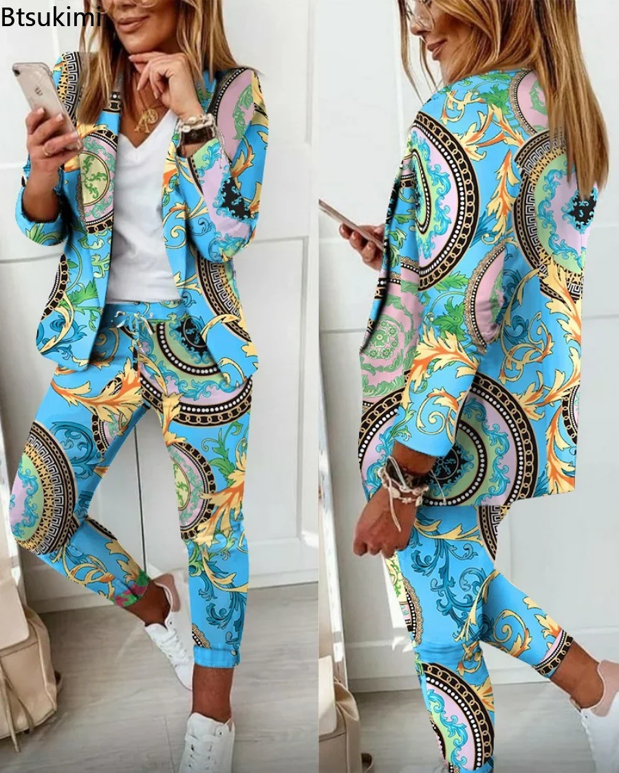 2024 Women's Two Piece Pant Suit Set Outfits Spring Autumn Turn Down Print Blazer Coat Drawstring Pants Suit Women Casual Sets