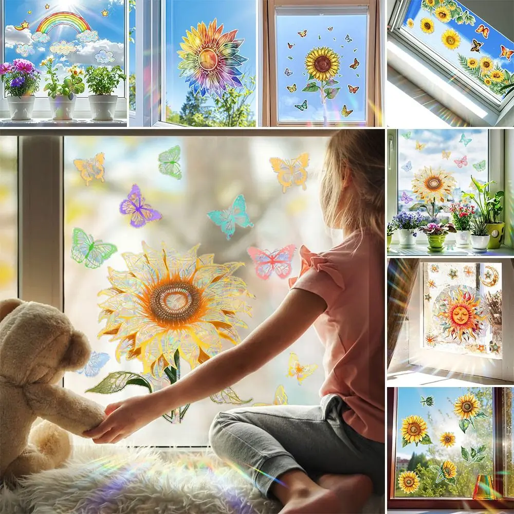 Colorful Sun Catcher Window Stickers Rainbow Prisms Sunlight Cloud Sun Flower Decals PVC Floral Butterfly Glass Static Sticker