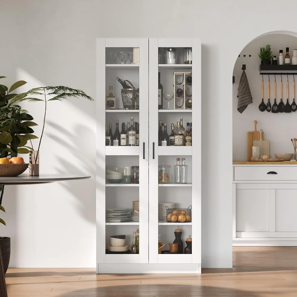 Gabinetes blancos de China de 71 pulgadas de alto para comedor con puertas de vidrio, vitrinas de vidrio