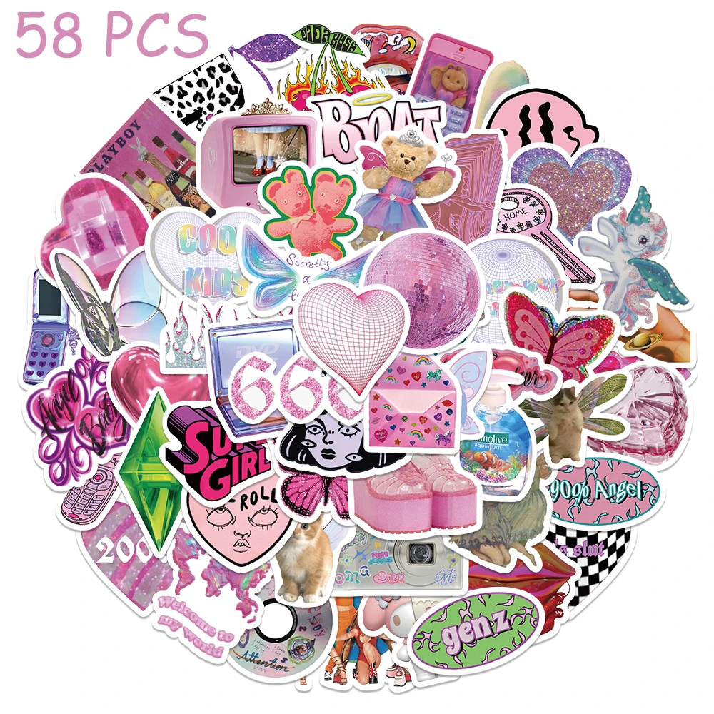 58pcs Y2K Steam Wave Stickers Cartoon Graffiti Aesthetic Decals For Phone Laptop Skateboard Suitcase Guitar Waterproof Stickers