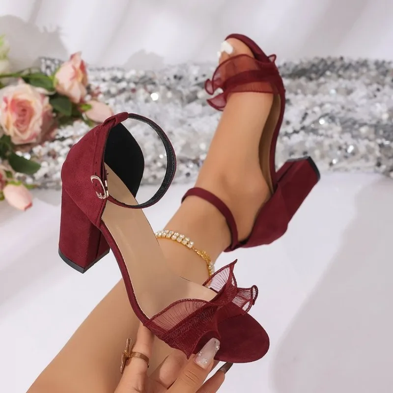 Women's Block Heels Open Toe High Heel Sandals Ankle Strap Buckle Closure Suede Look Ruffled Mesh Band Party Dress Evening Shoes