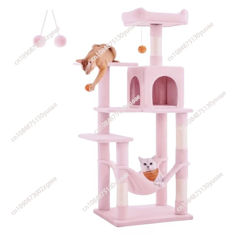 pink Large Multi-level Cat Trees & Scratcher with Hammock Luxury Wood Pet Cat Tree Tower
