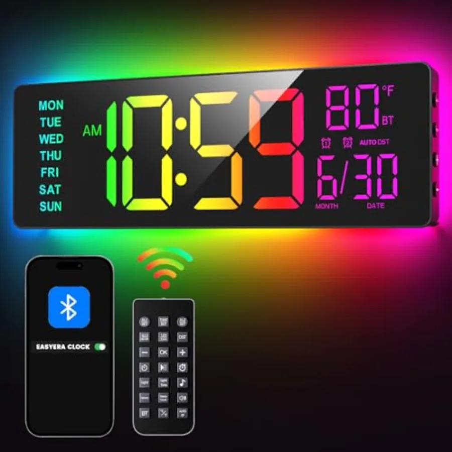 

Большие цифровые настенные часы с Bluetooth-синхронизацией, RGB-подсветкой, 11 режимами, пультом ДУ, большими LED-часами, двойными будильниками и автоматической сменой летнего времени