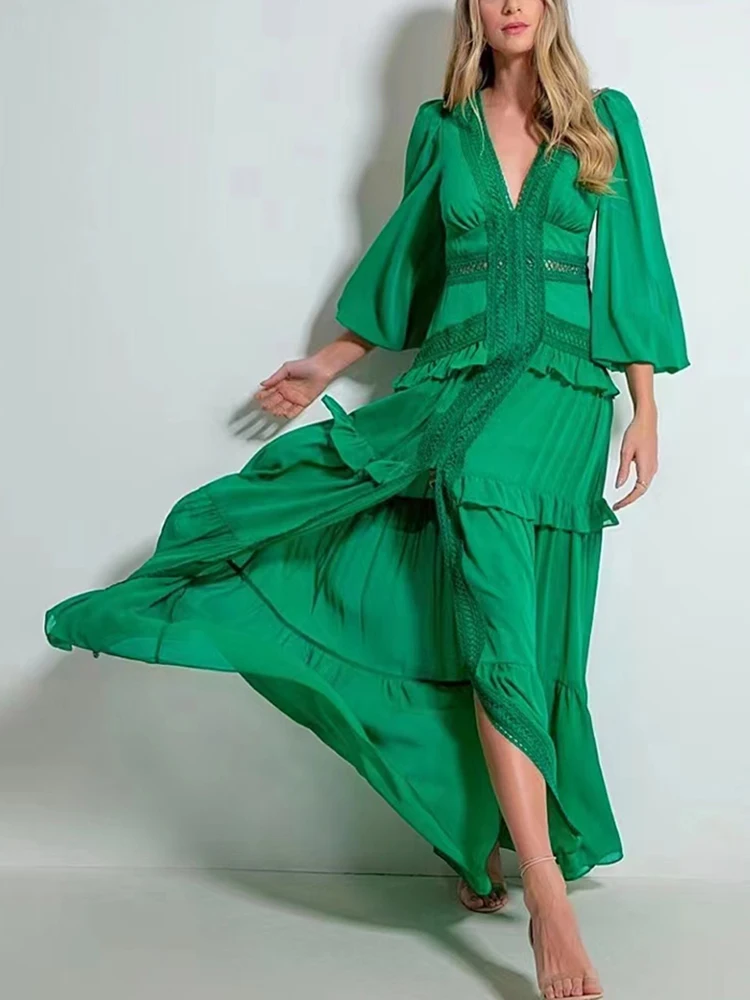 

LD LINDA DELLA 2023 New Fashion Runway Spring Women's Dress V Neck Lace High waist Hollow out Ruffles Green Long Party Dress