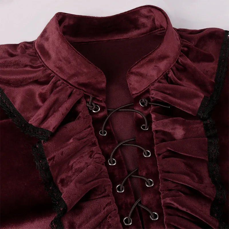 2026 Red Velvet Pleated Shirts For Men,Black Medieval Costume, Steampunk Victorian-Style Lace-Up Men's Pullover/Camisa,Inner Top
