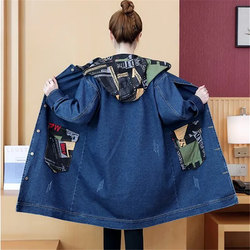 Spring Autumn New Vintage Hooded Jeans Jacket Women Long Sleeve Print Casual Loose Windbreaker Streetwear Denim Coat Female T342