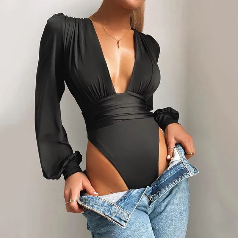 Spring Autumn Deep V-Neck Long Sleeve Bodysuit Women's Sexy Ruched Waist