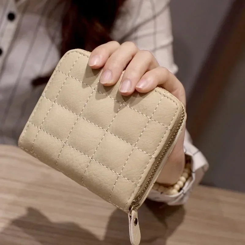 

PU Leather Women Short Wallets Female Plaid Purses Solid Color Card Holder Wallet Student Small Zipper Woman Wallet Coin Purse