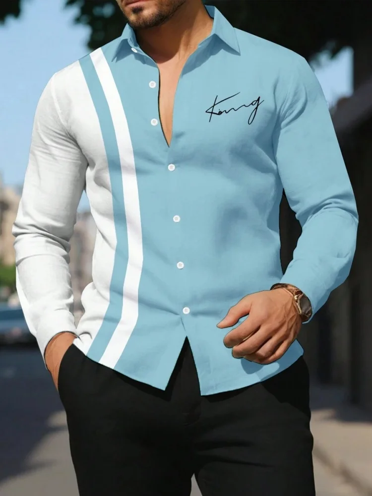 Striped Printed Men's Long-Sleeved Shirt Summer Casual Men's Single-Breasted Shirt Beach Pool Party Men's Fashionable Shirt