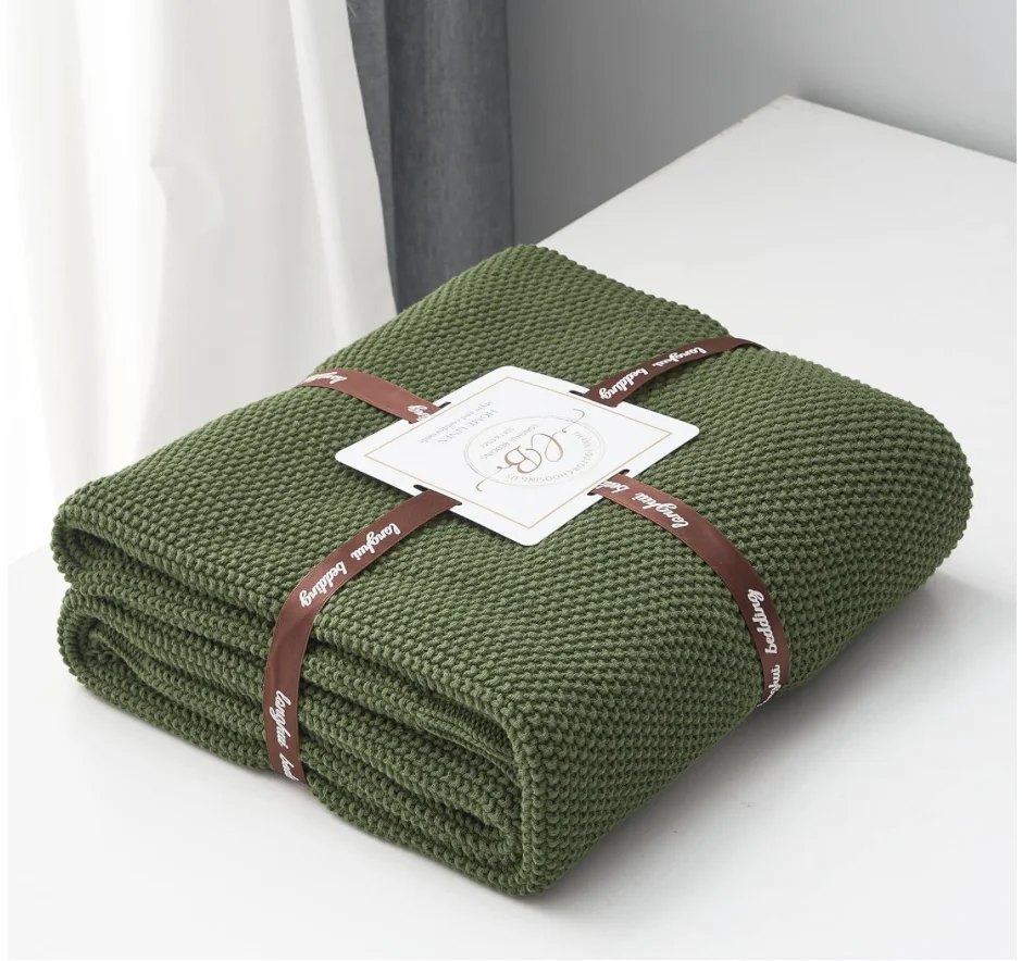 Olive Green Cotton Cable Knit Throw Blanket for Couch Sofa Bed, Home Decorative Lightweight Knitted Blankets