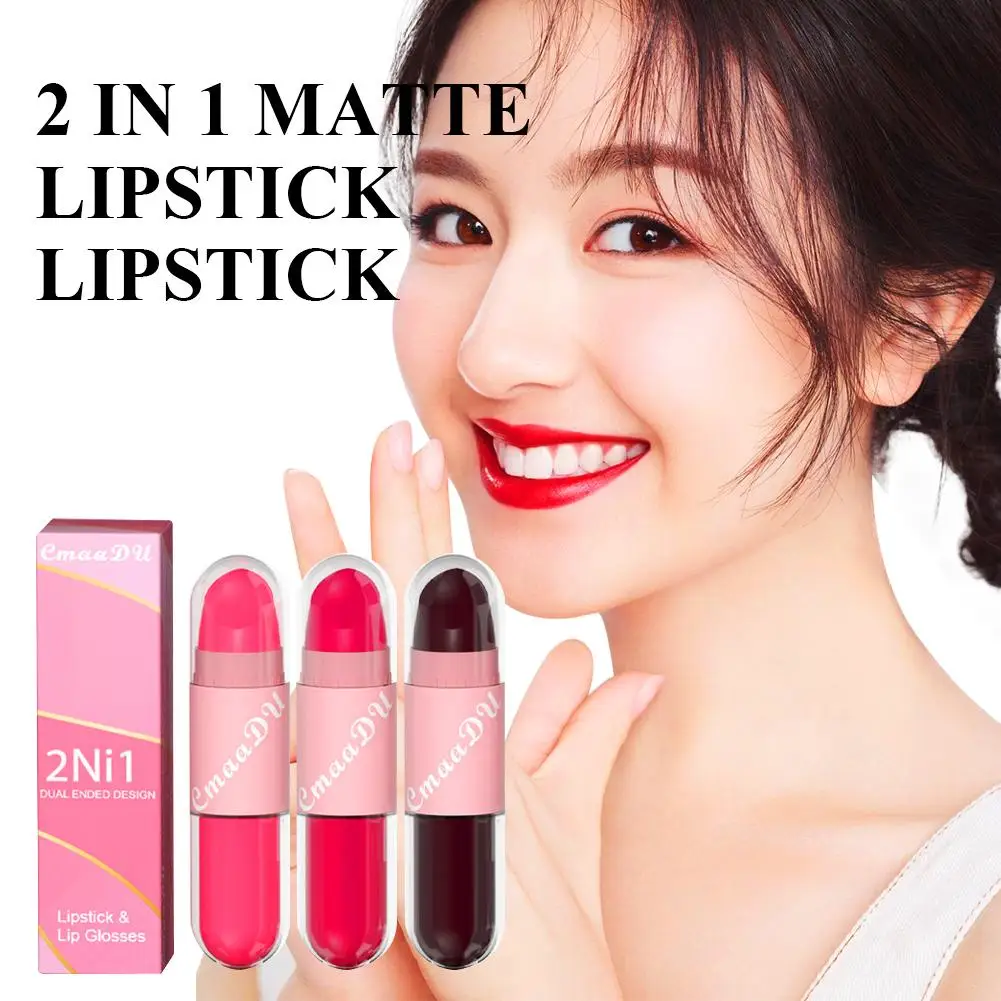 ลิปสติกเคลือบแบบ2 in 1 12สีให้ความชุ่มชื้นกันน้ำไม่ติดทนพกพาได้ง่าย W9K6ลิปสติกเคลือบ