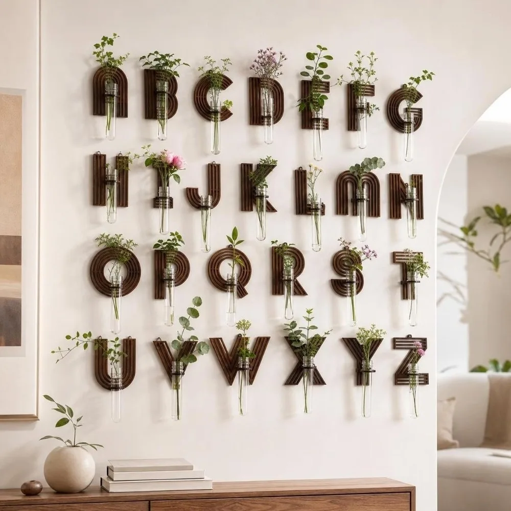 Wooden Hydroponic Planter Shelf Home Ornaments Vase Wall Decoration Hollow Out A-Z Alphabet Planter Holder Plant Lover
