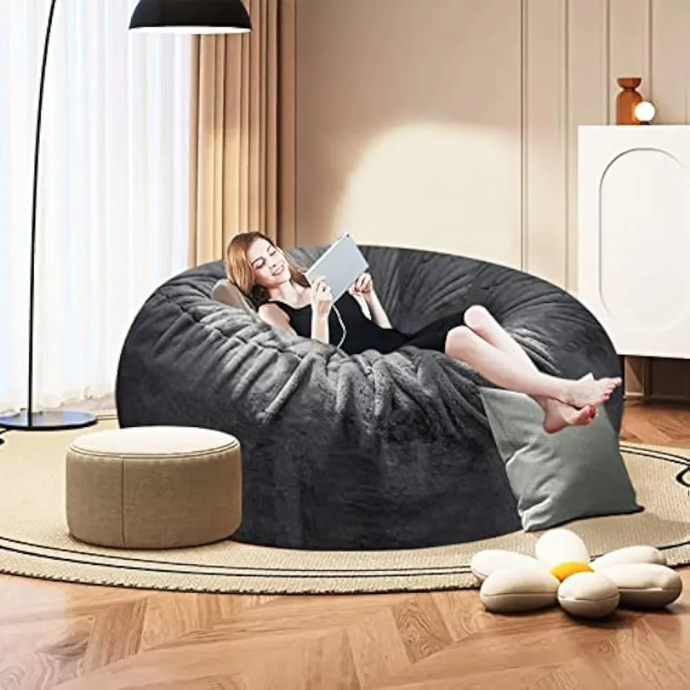 GQZGGXX Bean Bag Chair Cover, Durable Comfortable PV Fur Sofas Faux Sofa Living Room Bed Large Chairs Adults  6ft Dark Grey