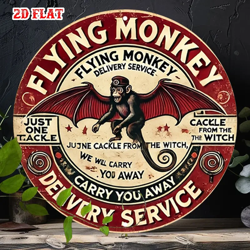 Round 2D Flat Retro Flying Monkey Delivery Service Metal Plaque, Vintage Witch Theme Funny Wall Sign For Bar Pub