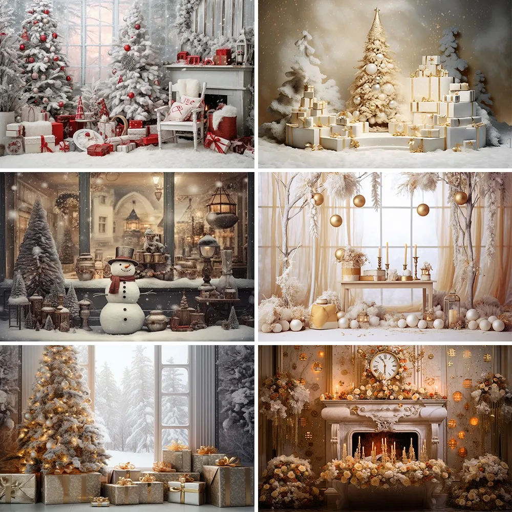 Bonvvie Christmas Backdrop Xmas Tree Fireplace Window Gifts Family Portrait Photography Background Props Decor for Photo Studio