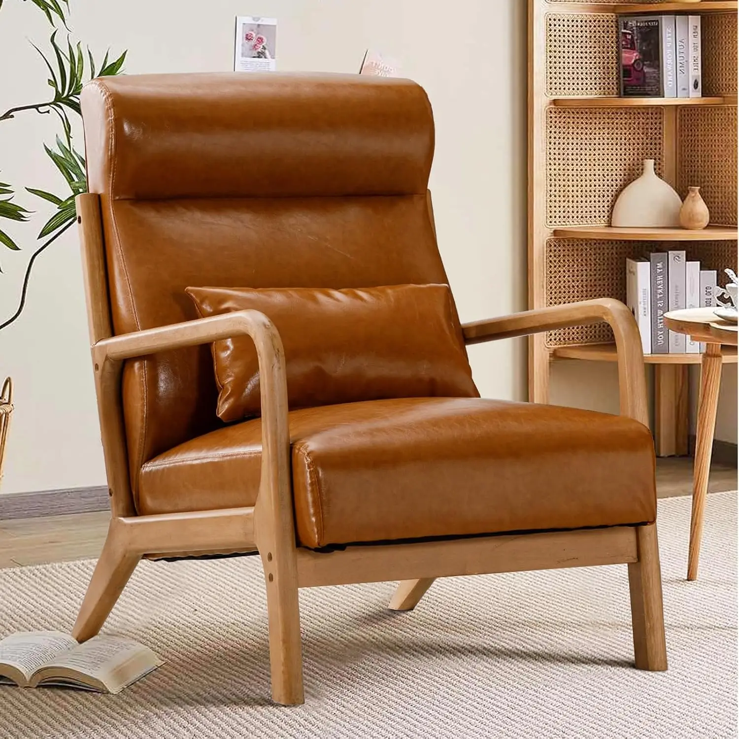 Mid Century Accent Chair, High Back PU Leather Armchair with Waist Cushion, Wood Frame  Chair, Camel, Customized