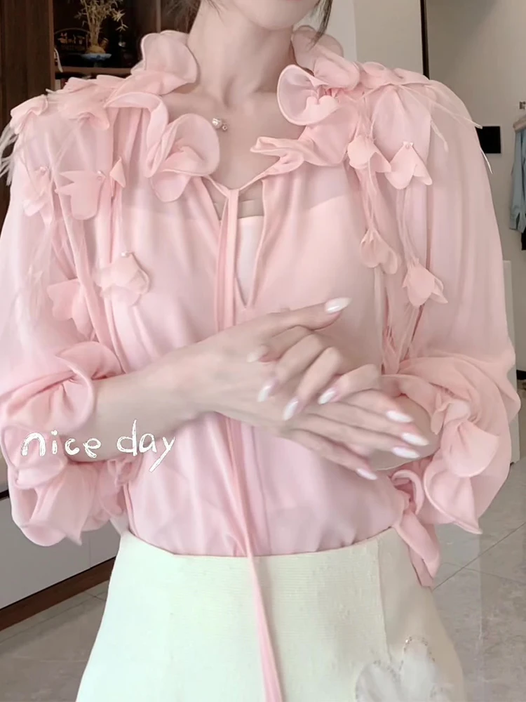 Women's Feather Flower Fairy Shirts Women's 2025 Spring New Fashion Versatile Flared Sleeve Shirt Female Nice Long Sleeve Tops