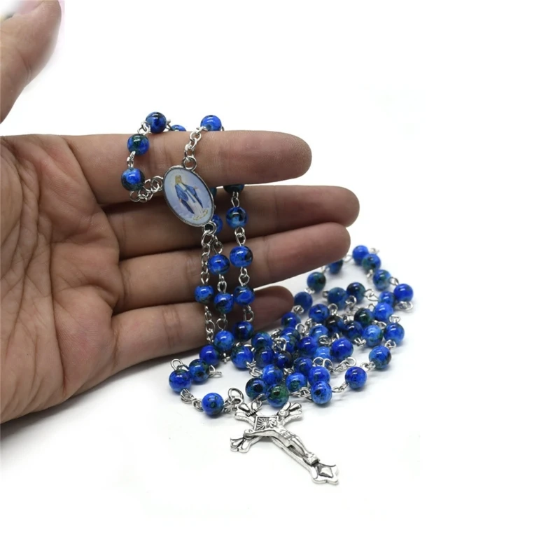 Collier chapelet catholique en perles verre rondes, pendentif croix, médaille religieuse, livraison directe