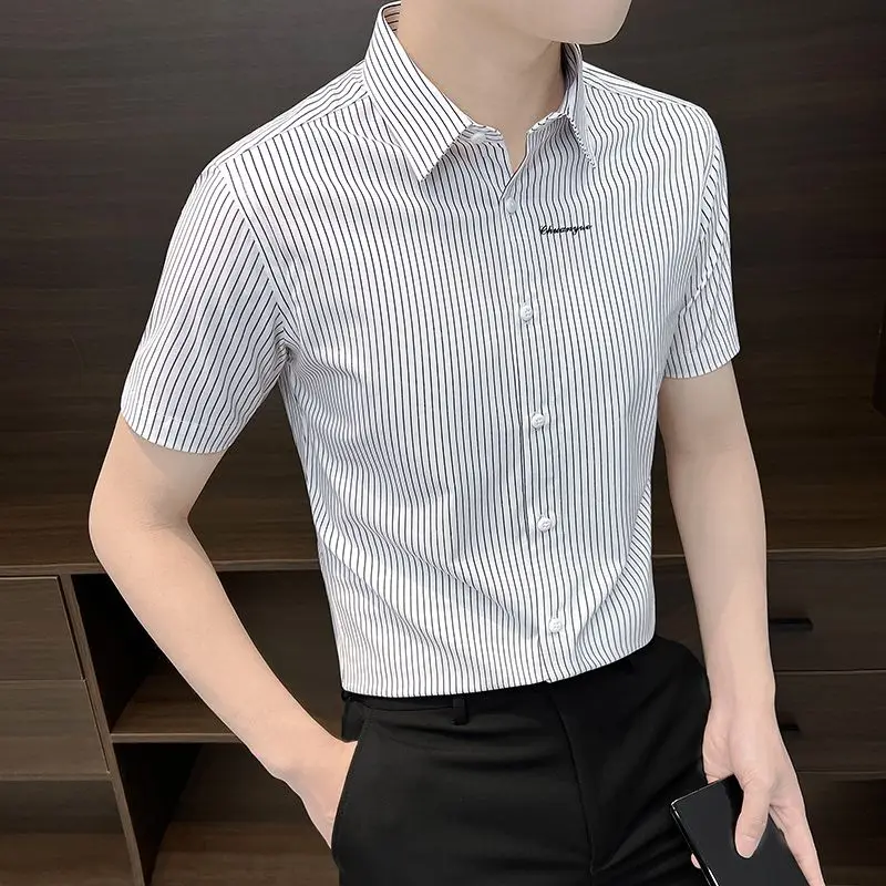 Summer Casual Shirts for Men - Striped Single-Button Vertical Collar Short Sleeve Top