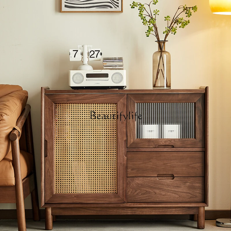 

Nordic Solid Wood Sideboard Modern Minimalist North American Black Walnut Rattan Lockers with Glass Door