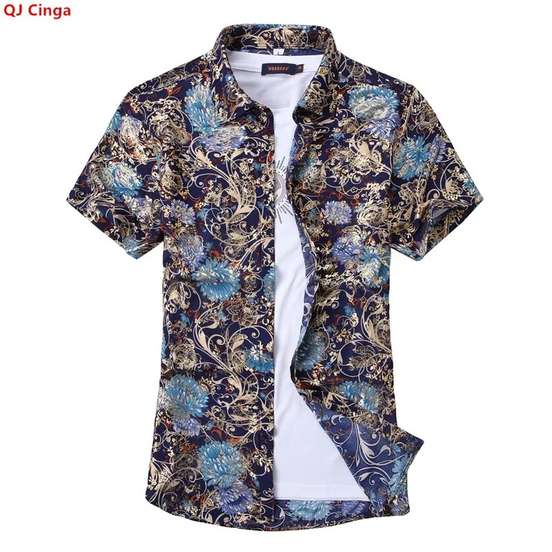 Summer Collection of Men's Short-sleeve Printed Shirts, Blue Single-breasted Button-down Shirts, Asian Sizes M–7XL.