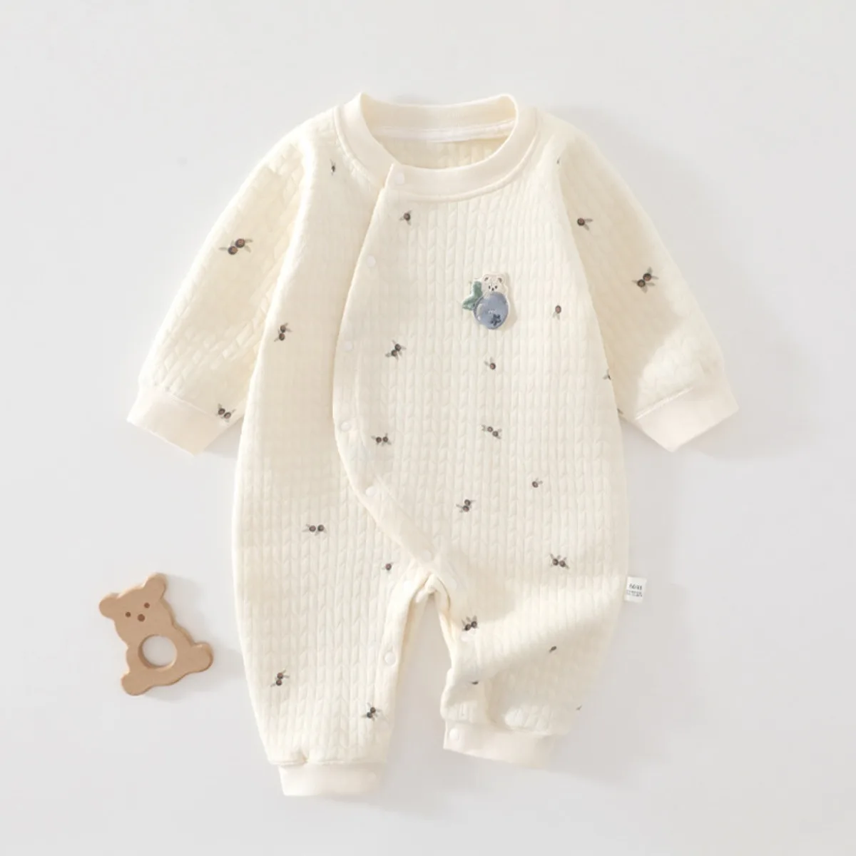 Fall Winter Cotton Quilted Baby Romper Side Snaps Soft Jumpsuit with Embroidered Cartoon for Infant Boys Girls 6-18M Thickened