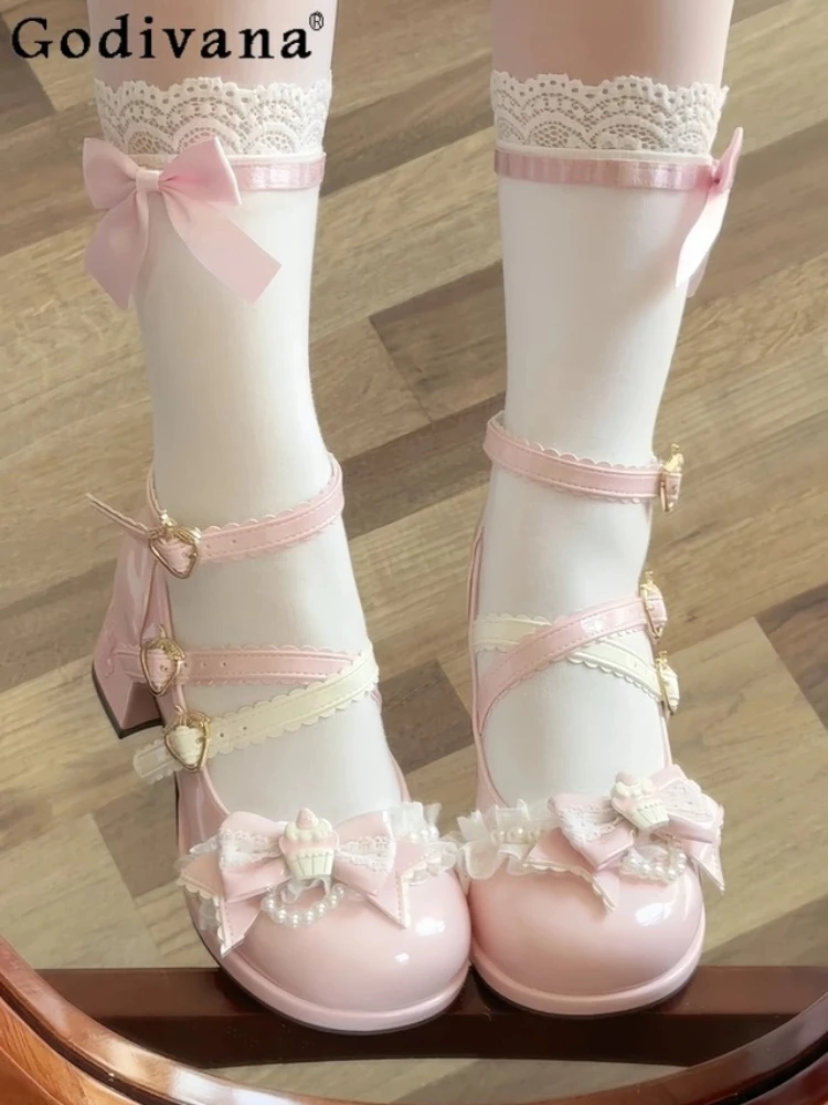 

Japanese Style Sweet Cute Girl Lolita High Heels Round Toe Chunky Heels Bow Doll Style Cross Strap Mary Jean Single Shoes