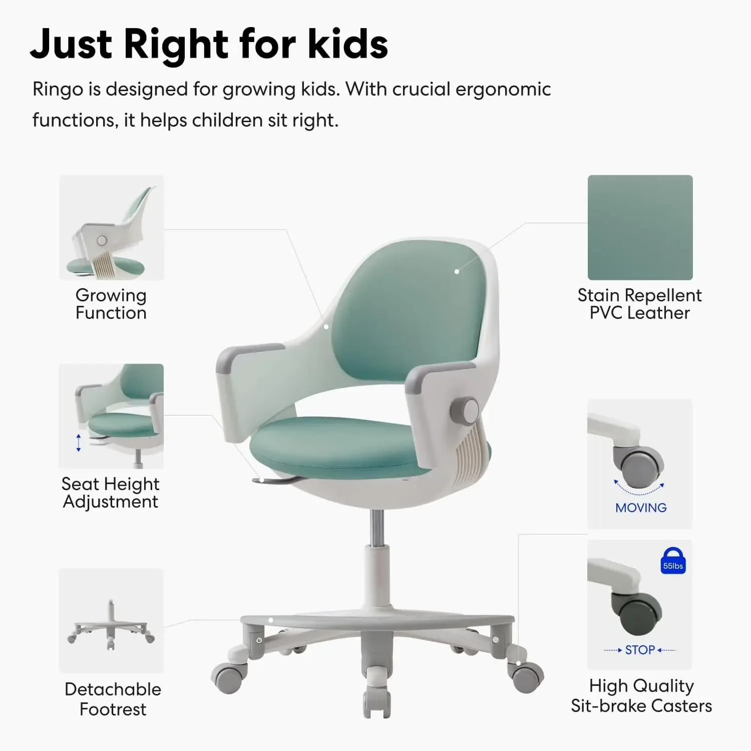 SIDIZ Ringo Kids Desk Chair : Ergonomic Kids Chair with Footrest, 4-Step Growing Function, Adjustable Seat Height, Sit-Locking