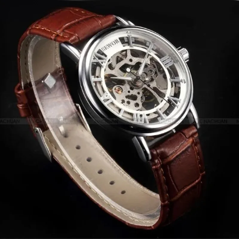 SEWOR Fashion Casual Mechanical Watch Men Skeleton Watches PU Leather Band Mechanical Hand Wind Wristwatches Men Erkek Kol Saati