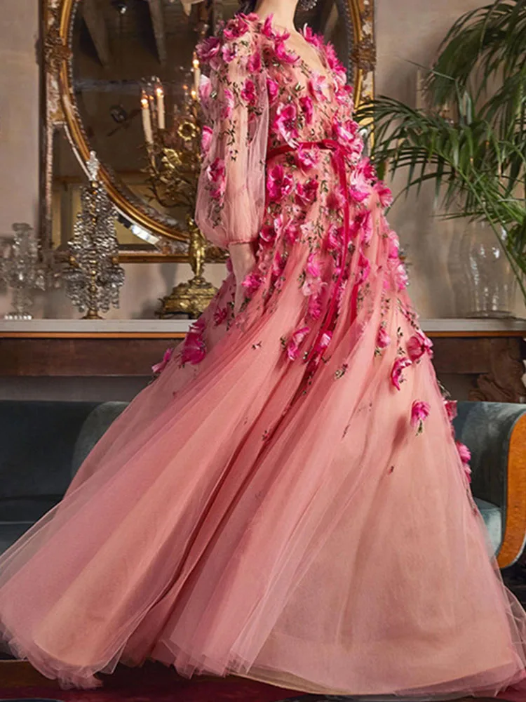 

Rose Pink Formal Prom Dresses 3D Flowers Full Puff Sleeves A-Line Evening Gown With Sashes Illusion Tulle Custom Robes De Soirée