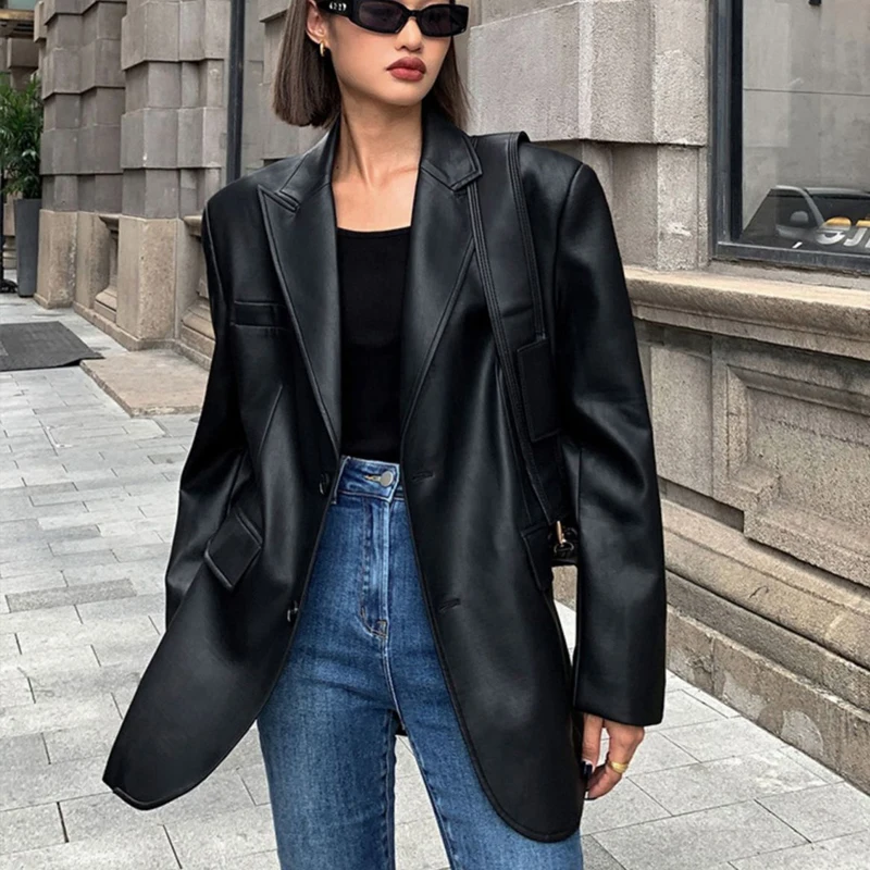 Fashion Coffee Color Women Sheepskin Blazer Coats New Loose Casual Single-breasted Ladies Streetwear Real Leather Blazer Jackets