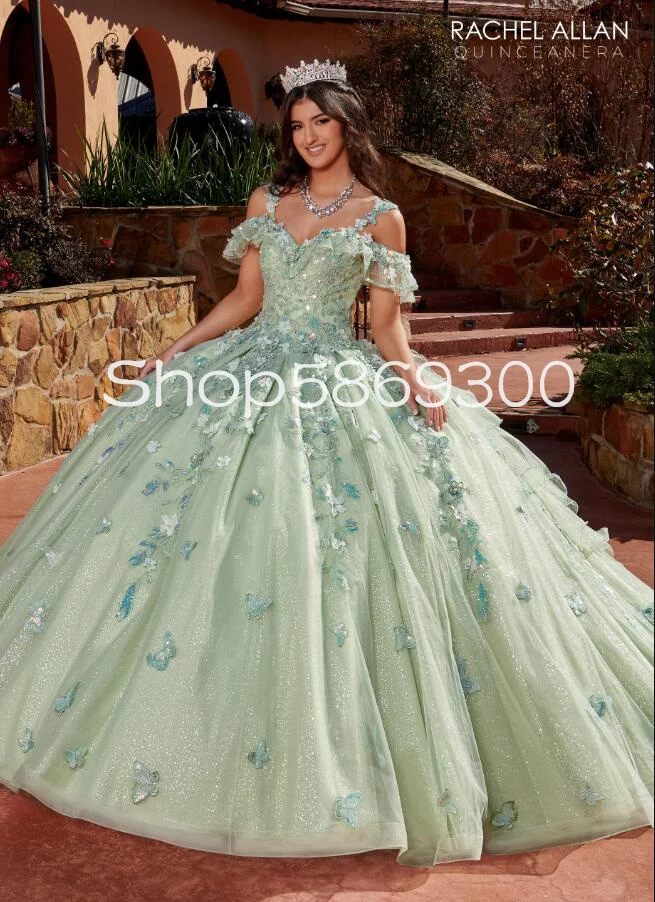 Personalizado hortelã verde glitter tule princesa quinceanera vestidos fora do ombro borboleta floral rendas baile de formatura vestido de 15 verde