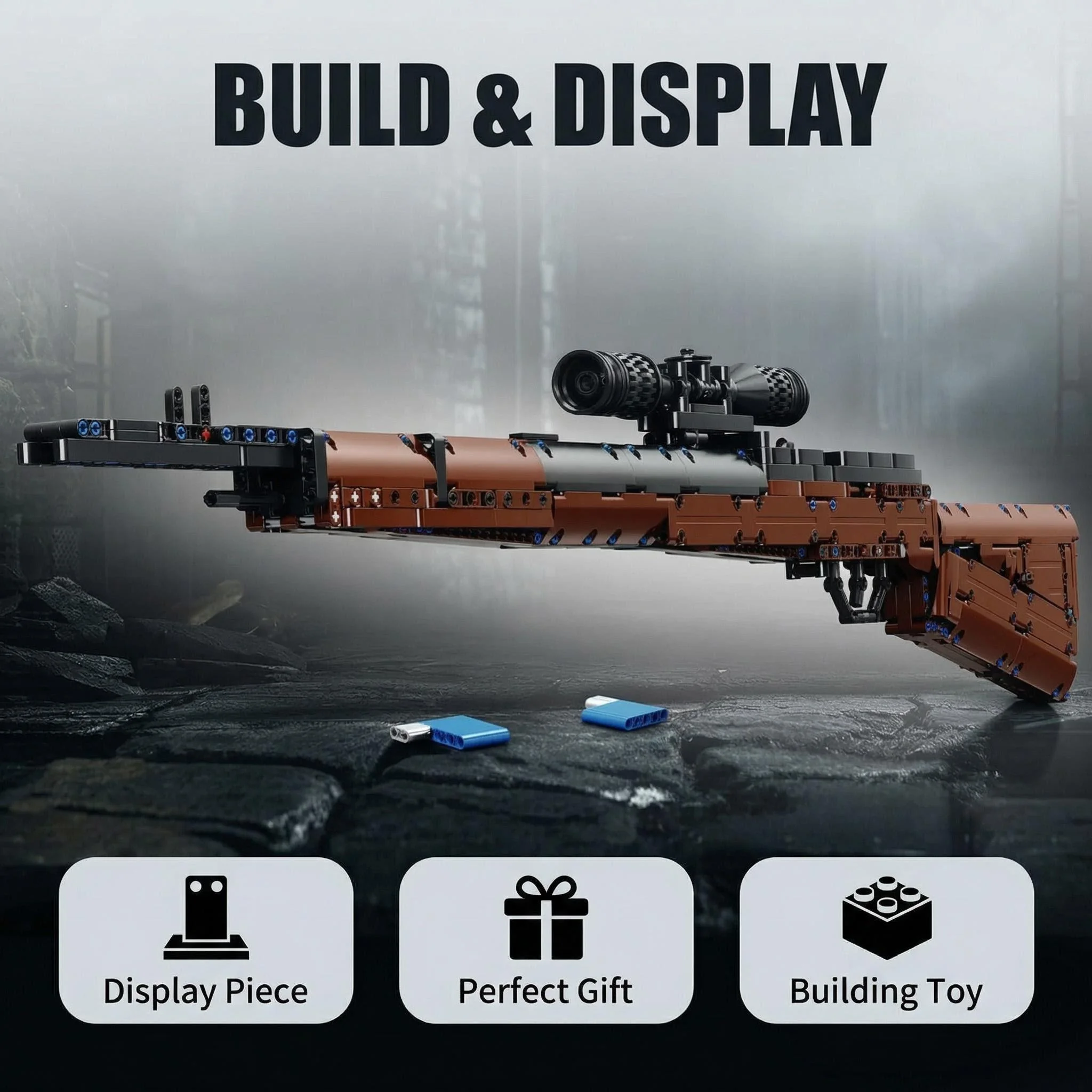 Military Sniper Rifle Building Blocks Set, 98K Style Assembly Toy Gun Model, Collectible Display Bricks Kit for Adults & Kids ﻿