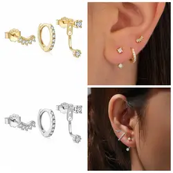 LENNIK-Juego de pendientes de plata de ley 925 para mujer, aretes de estrella, colgante de circón, cadena, círculo redondo, conjunto de pendientes de moda, joya