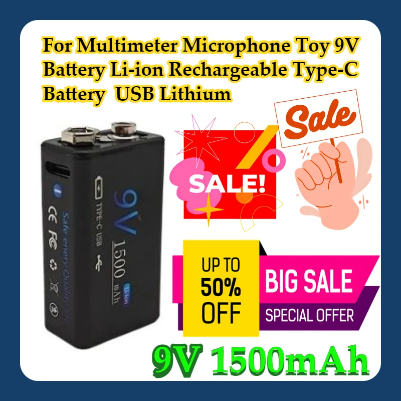 

For Multimeter Microphone Toy 9V Battery 1500mAh Li-ion Rechargeable Type-C Battery 9V USB Lithium