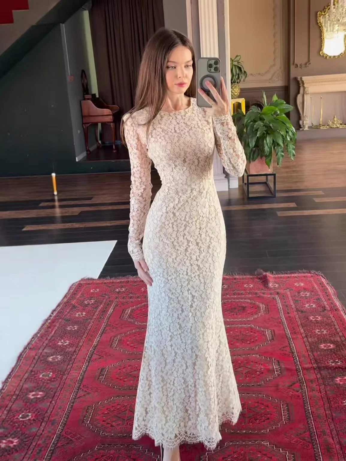 

Сексуальное кружевное платье с вырезами и длинными рукавами, с завышенной талией, А-силуэт, вязаное, из полиэстера, с круглым вырезом