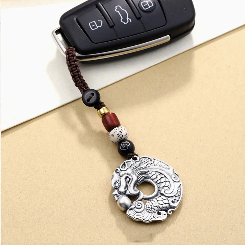 Retro ethnic style dragon fish playing with pearls Electroplated Silver Keychain Totem Keyring Gift for Men Car Key Accessorie