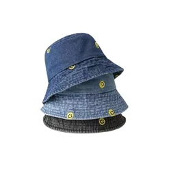 New Embroidered Smile Cotton Summer Jeans Bucket Hat Cap For Women Cute Fisherman Hat Travel Sunshade Show Small Face Gift