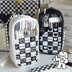 Estuche de lápices transparente para niñas, Lapicera Escolar, tablero de ajedrez, caja de lápices de rejilla, estuches Kawaii para regreso a la escuela, bolsos lindos