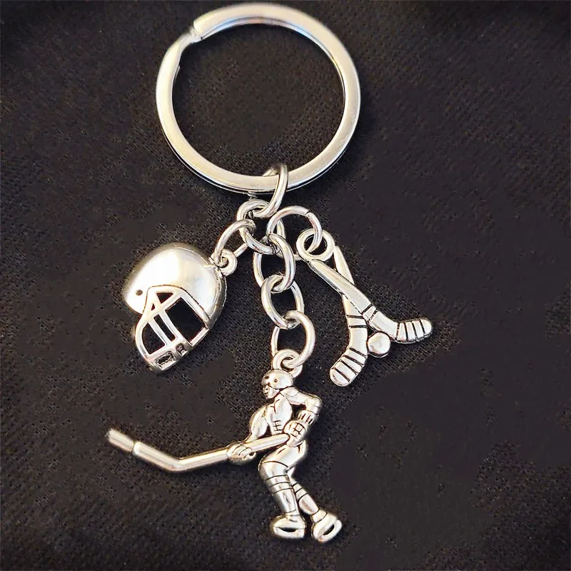 Unique Keychain Hockey Player Bat Helmet Keyring Pendant Lover Women Man Jewelry Accessories Gift