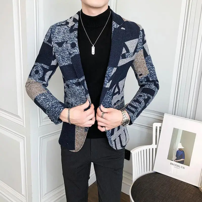 2-A33 Autumn Slim Woolen Printed Suit Men\'s Size S Fashion Trendy Youth Long Sleevt Versatile Casual Jacket