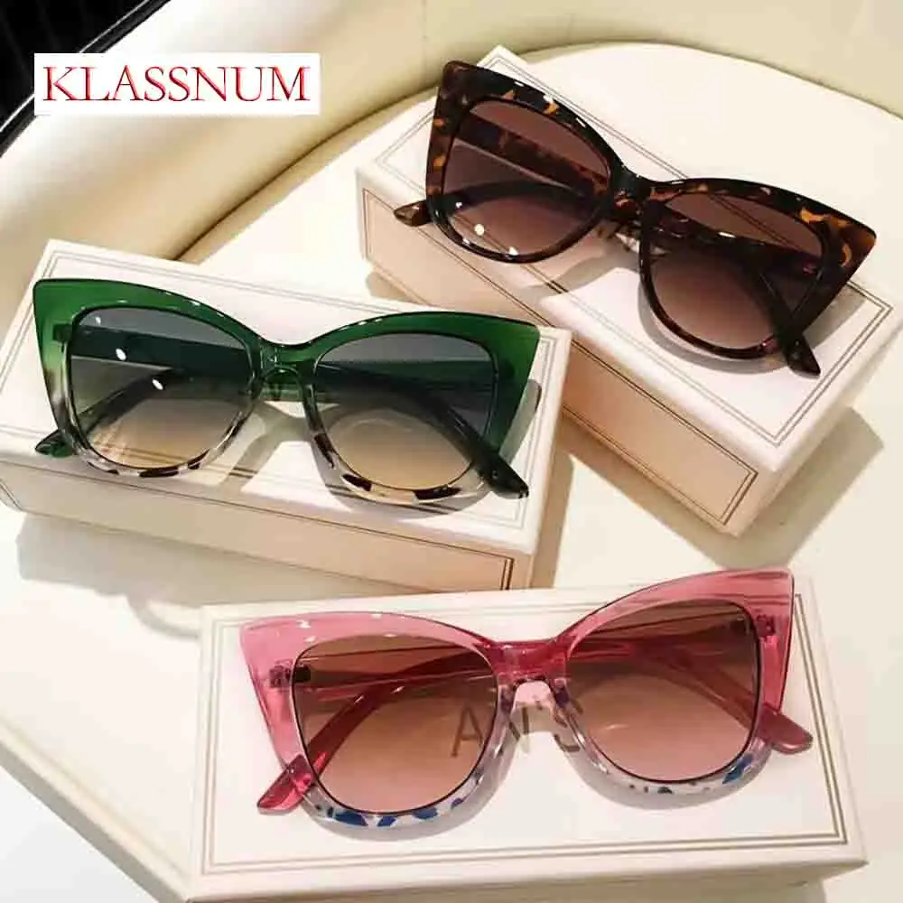 

KLASSNUM Oversized Cats Eye Sunglasses Women Gradient Purple Pink Lens Vintage Big Frame Glasses Female Sexy Black Shades UV400