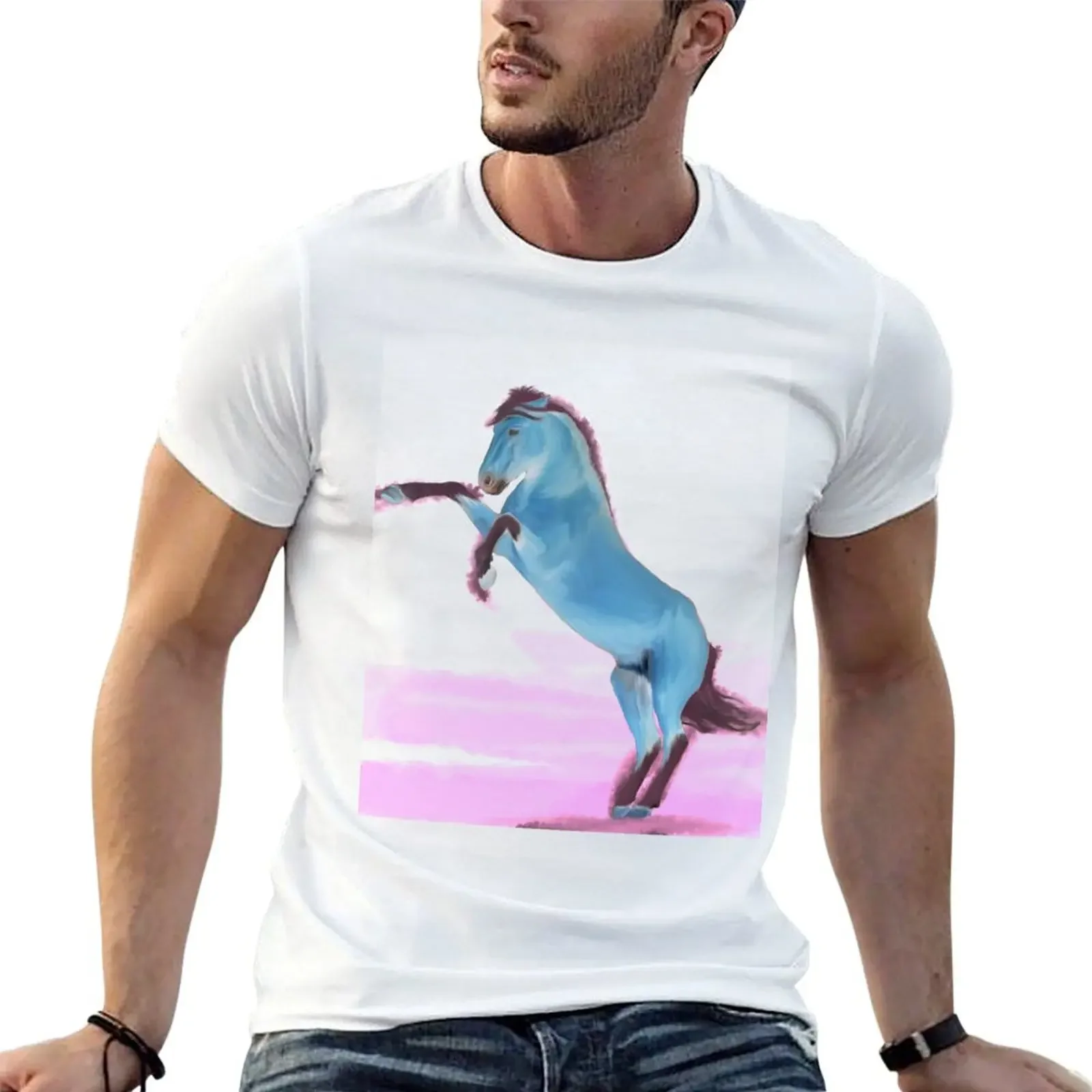 Blue Horse Rearing T-Shirt tops sports fans graphic tee shirt man clothes Men's cotton t-shirt