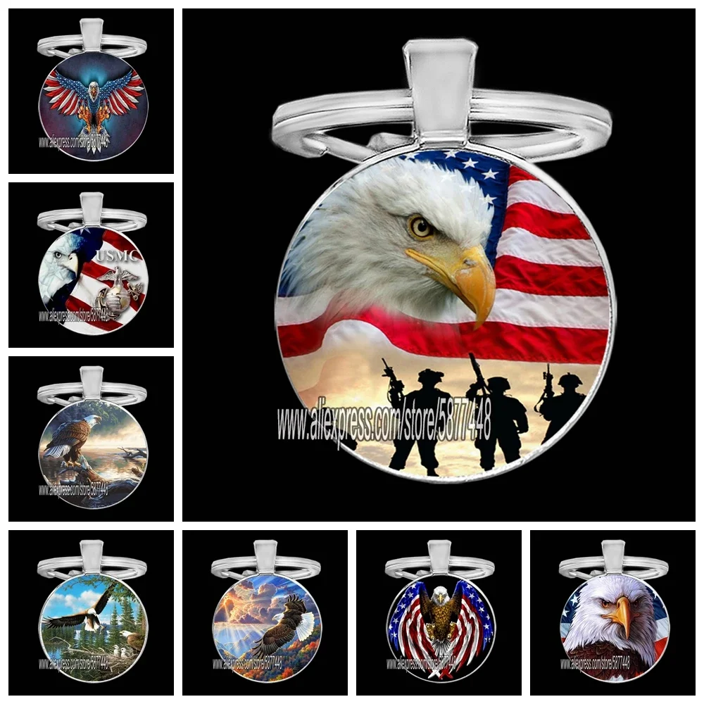 The US Flag Eagle Key Chain Handmade Classic Bald Eagle American Flag Glass Dome Key Ring Keychains