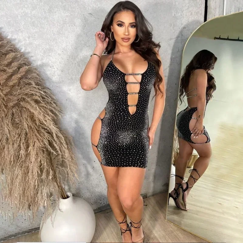 GUWU Black Ladder Cut Out Crystal Mini Dress Summer Womens Spagetti Straps Diamond Night Party Dresses Birthday Outfits