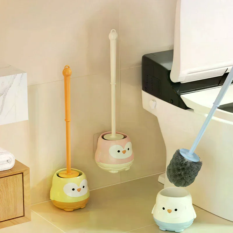 

Cute Cartoon-style Toilet Brush With Base, No-drill, Wall-mounted, Long-handled Design For Bathroom Use, Perfect For All Angles